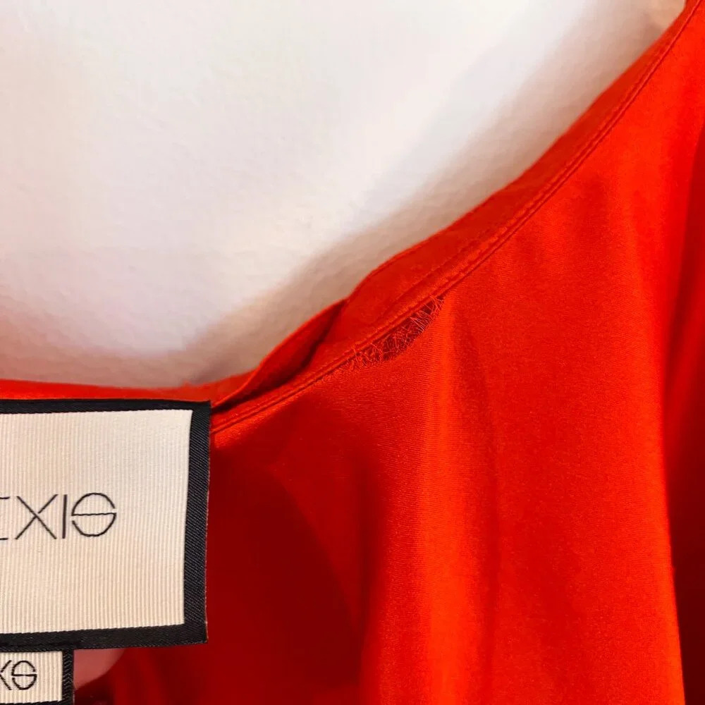 Alexis 100% Silk Red Ruffled One Shoulder Formal Satin Lightweight Midi Dress XS - Picture 4 of 10